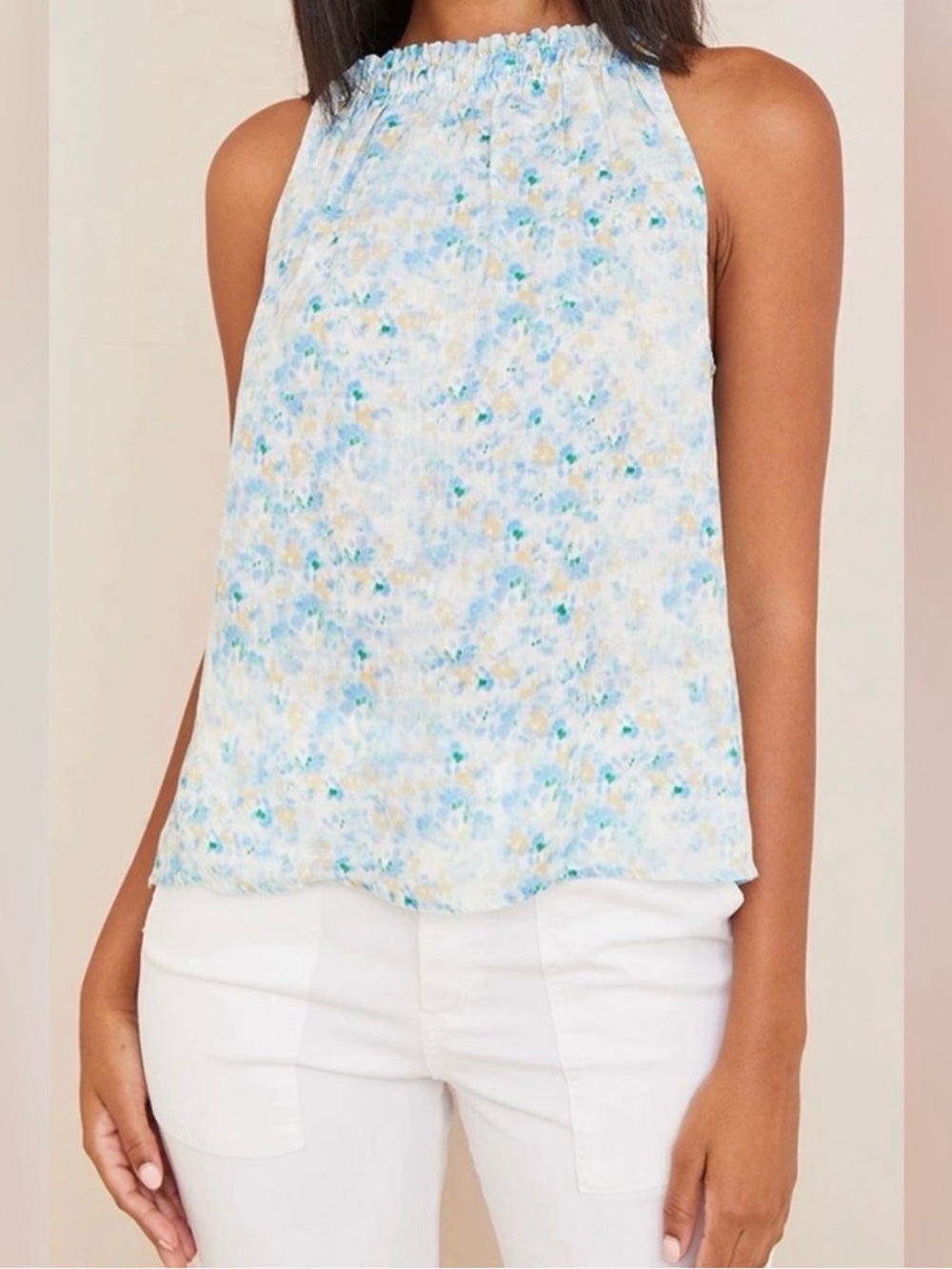 Bella Dahl Halter Smocked Neck Floral Blouse - Light Blue and tan